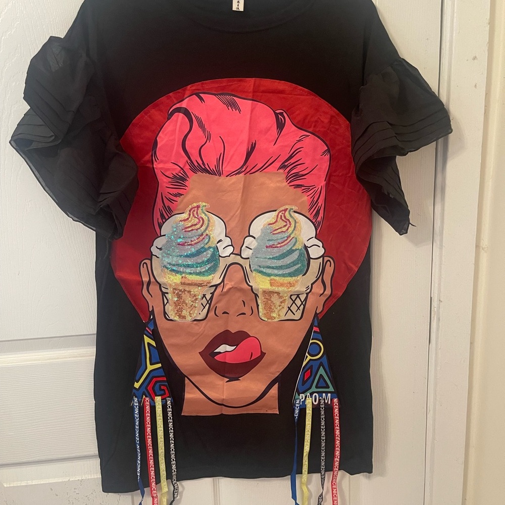 Black Graphic long shirt/dress with Ice Cream Design